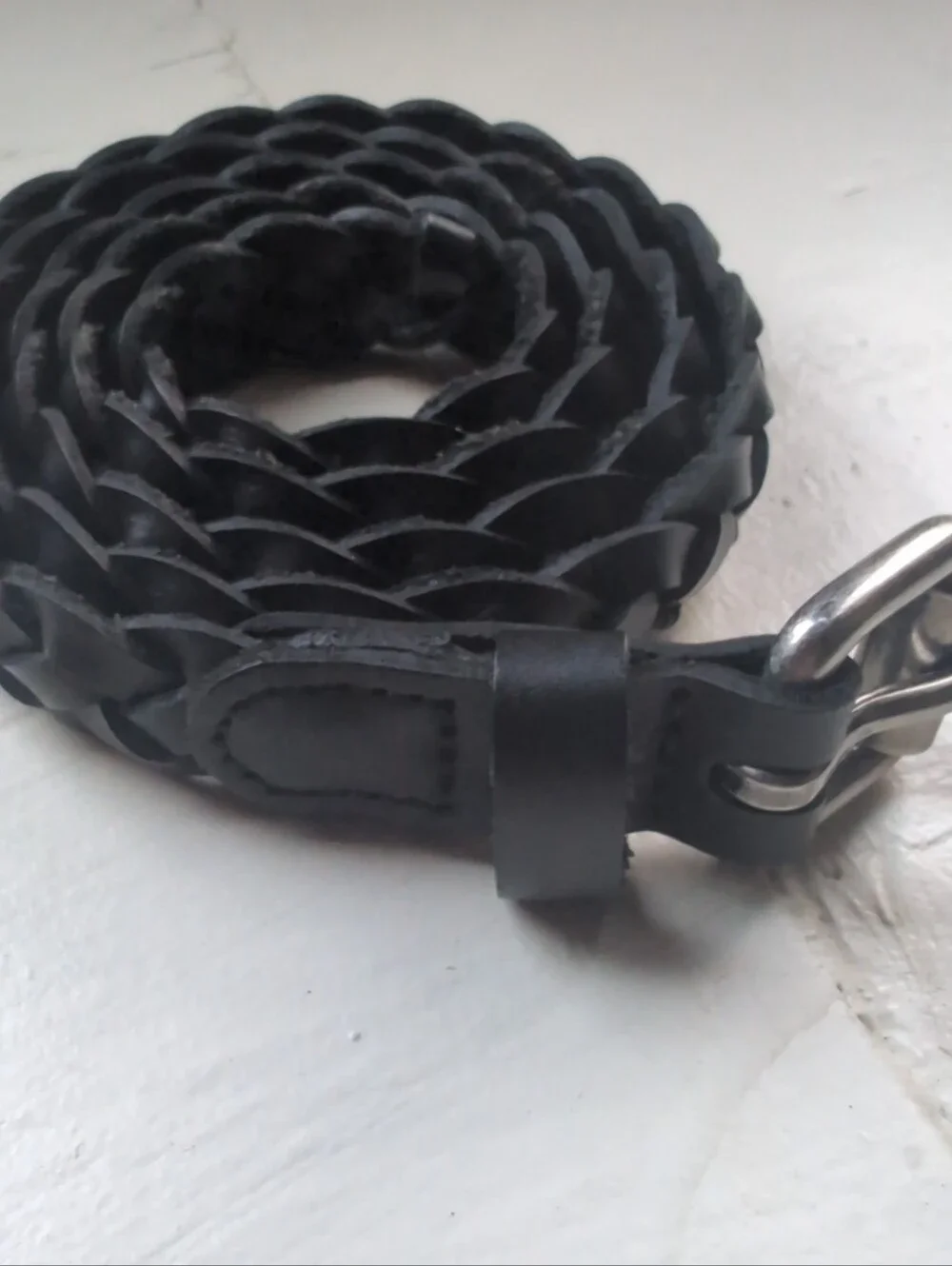 Black real leather fully adjustable braided skinny belt with silver tone buckle